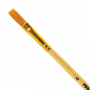Кисть ПИФАГОР, СИНТЕТИКА, плоская, № 6, деревянная лакированная ручка, с колпачком, пакет, 200859