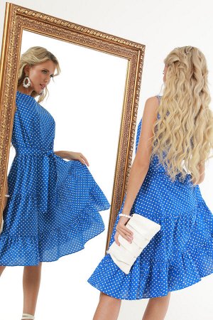Платье голубое в горошек с поясом