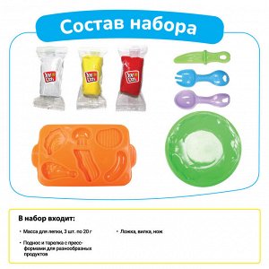 Масса для лепки Joy Doh, набор SNACK BAR FUN - ВЕСЕЛАЯ ЗАКУСОЧНАЯ, поднос с пресс-формами, 5 аксессуаров, 3 пакетика с тестом,  (3 х 20г.)