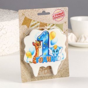 Свеча для торта цифра «1 годик, зверушки» "1" синяя, 8 см