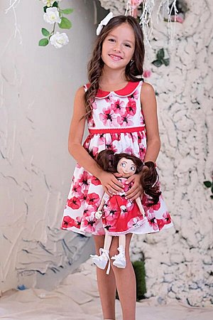 Платье с цветочным принтом "маки" и воротничком бел/красное
