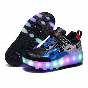 Подростковые кроссовки из экокожи, с роликами и подсветкой, на шнурках и липучке, цвет чёрный/синий