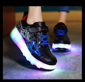 Подростковые кроссовки из экокожи, с роликами и подсветкой, на шнурках и липучке, цвет чёрный/синий
