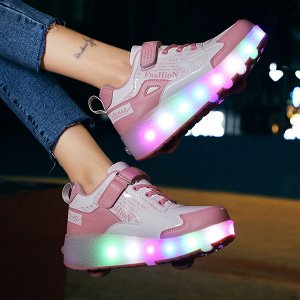 Подростковые кроссовки из экокожи, с роликами и подсветкой, на шнурках и липучке, цвет розовый/белый