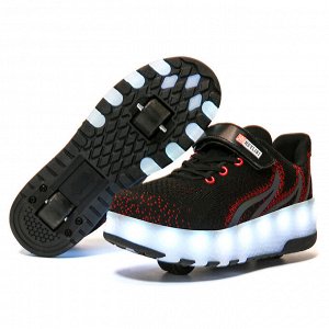 Подростковые текстильные кроссовки с роликами и подсветкой, на шнурках и липучке, цвет чёрный/красный