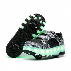 Подростковые кроссовки из экокожи, с роликами и подсветкой, на шнурках и липучке, цвет чёрный/камуфляж