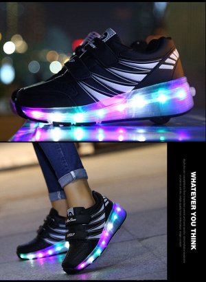 Подростковые кроссовки из экокожи, с роликами и подсветкой, на липучках, цвет чёрный/белый