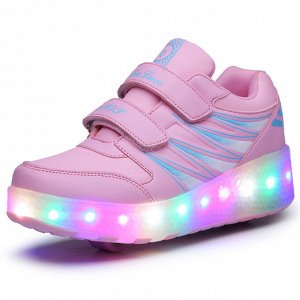 Подростковые кроссовки из экокожи, с роликами и подсветкой, на липучках, цвет розовый/голубой