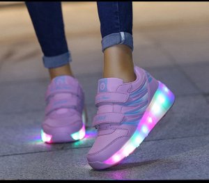 Подростковые кроссовки из экокожи, с роликами и подсветкой, на липучках, цвет розовый/голубой