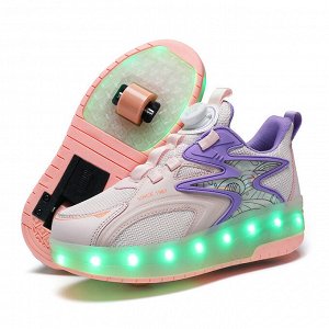 Подростковые кроссовки из экокожи с сетчатыми вставками, роликами и подсветкой, на шнурках, цвет белый/розовый/фиолетовый
