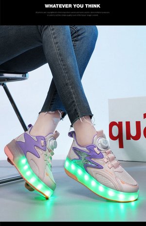 Подростковые кроссовки из экокожи с сетчатыми вставками, роликами и подсветкой, на шнурках, цвет белый/розовый/фиолетовый