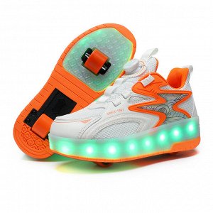 Подростковые кроссовки из экокожи с сетчатыми вставками, роликами и подсветкой, на шнурках, цвет белый/оранжевый