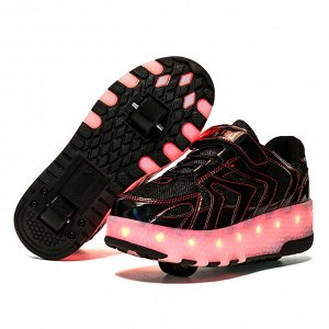 Подростковые кроссовки из экокожи, с роликами и подсветкой, на шнурках и липучке, цвет чёрный/красный