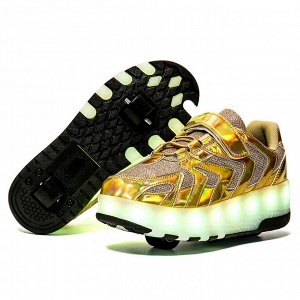 Подростковые кроссовки из экокожи, с роликами и подсветкой, на шнурках и липучке, цвет золотистый