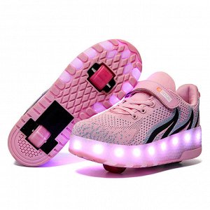 Подростковые текстильные кроссовки с роликами и подсветкой, на шнурках и липучке, цвет розовый
