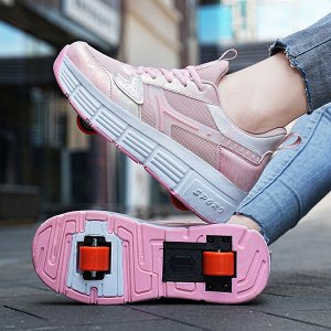 Подростковые кроссовки из экокожи, с сетчатыми вставками и роликами, на шнурках, цвет розовый