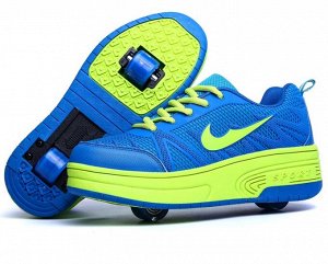 Подростковые кроссовки с роликами, на шнурках, цвет синий/салатовый
