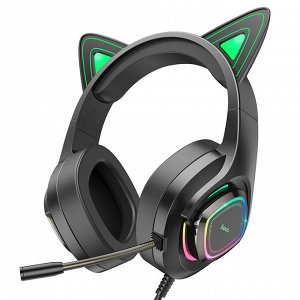 Проводные наушники игровые HOCO W107 Cute cat /  полноразмерные игровые наушники с микрофоном / Светящиеся игровые наушники с кошачьими ушками