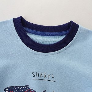 Детский голубой свитшот с принтом Акулы