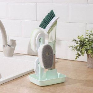 Набор для чистки посуды Raccoon «Практик», ручка-дозатор, 4 щётки, держатель-стойка, цвет зелёный