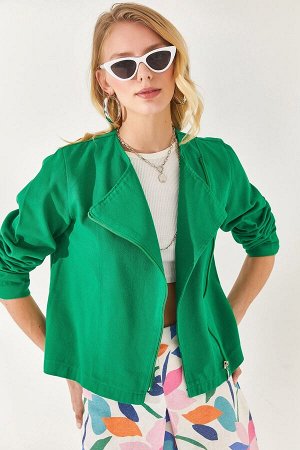 Женская габардиновая хлопковая куртка травяного зеленого цвета с запахом и воротником на молнии CKT-19000339