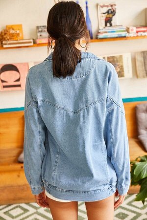 Женская синяя длинная джинсовая куртка на молнии с карманами CKT-19000258