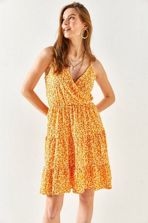 Женское оранжевое платье миди с двубортным воротником и эластичной резинкой на талии ELB-19001923
