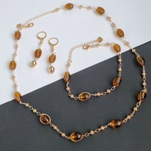 Комплект: ожерелье, серьги и браслет, покрытие: дубайское золото, цвет камней: коричневый, 341876,арт. 214.217