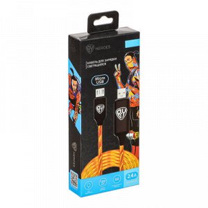 BY Кабель для зарядки Светящийся Micro USB, 1м,2.4А, Быстрая зарядка, LED подсветка оранжевая, Конек