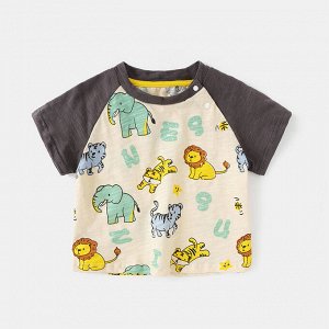 Детская футболка, принт "животные", цвет бежевый/серый