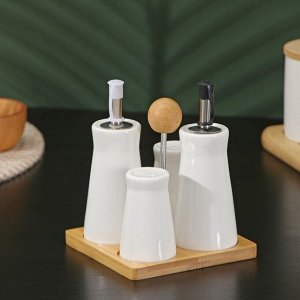 Набор фарфоровый для специй на деревянной подставке BellaTenero, 5 предметов: солонка, перечница, 2 соусника, подставка-держатель, цвет белый
