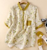 Легкая рубашка из хлопка и льна с пуговицами и воротничком, цветочный зеленый принт