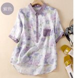 Легкая рубашка из хлопка и льна с пуговицами и воротничком, цветочный лиловый принт