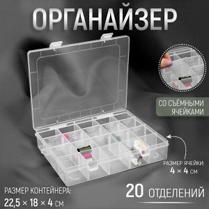 Органайзер для рукоделия, со съёмными ячейками, 20 отделений, 22,5 x 18 x 4 см, цвет прозрачный