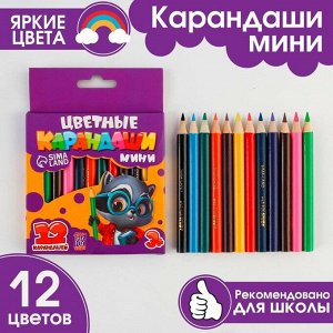 Карандаши мини цветные ArtFox STUDY, заточенные, круглые 12 цветов, корпус деревянный, картонная коробка с европодвесом.