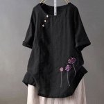 Туника из хлопка и льна с вышивкой, свободная, черный