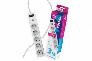 Фильтр сетевой КОСМОС 3м 5 гнезд, пвс 3х0,75мм2, белый 2 USB