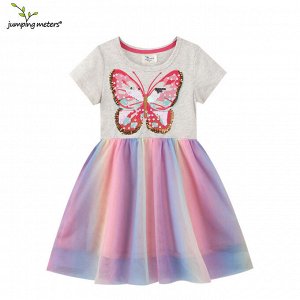 Детское платье с коротким рукавом, принт "бабочка из пайеток", цвет серый/радужный