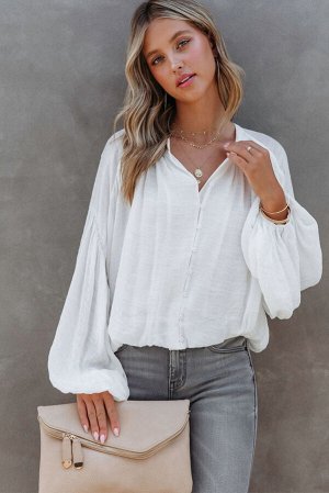 White Solid Color V Neck Balloon Sleeve Shirt