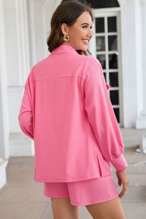 Pink Ribbed Knit Button Top and Shorts Set