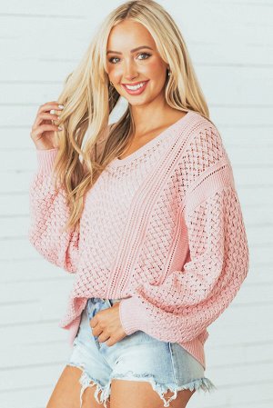 Розовый ажурный свитер с V-образным вырезом