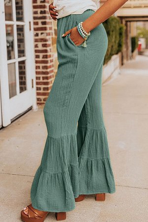 Зеленые брюки-клеш из текстурированной ткани со сборками