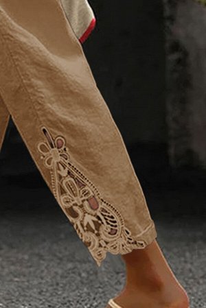 Бежевые свободные брюки из хлопка с кружевными вставками