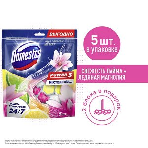 Domestos Power 5 блок для унитаза Свежесть лайма и Ледяная магнолия, защита от микробов и налета 2X50+3X50 гр