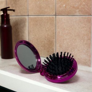 Расческа для волос массажная складная с зеркалом 14*6,5 см. (розовый)