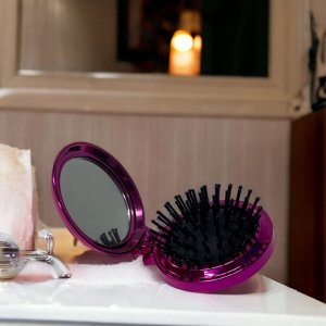 Расческа для волос массажная складная с зеркалом 14*6,5 см. (розовый)