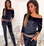 Костюм бархатный: лонгслив + брюки Цвет: ТЕМНО-СИНИЙ