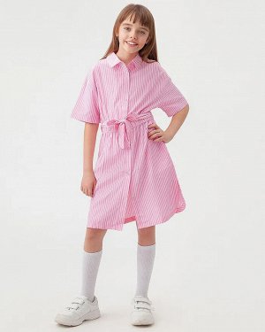 Платье Нежно-розовое платье-рубашка в мелкую белую полоску для девочки подростка - идеальный вариант для создания привлекательных летних образов. Качественная смесовая ткань из хлопка в сочетании с по