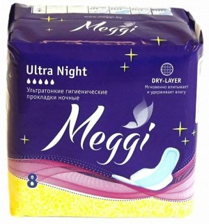 Прокладки, гигиенические Ultra Night (3 мм, 27,5 см, верхний слой Dry layer-  - сетка) 8 штук, Meggi, Беларусь