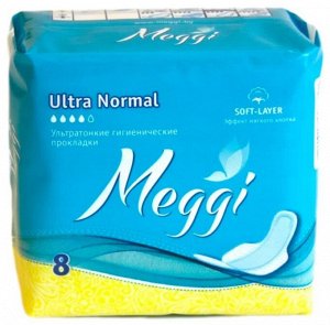Прокладки, гигиенические Ultra Normal (3 мм, 27,5 см, верхний слой Soft layer - нетканный материал) 8 штук, Meggi,